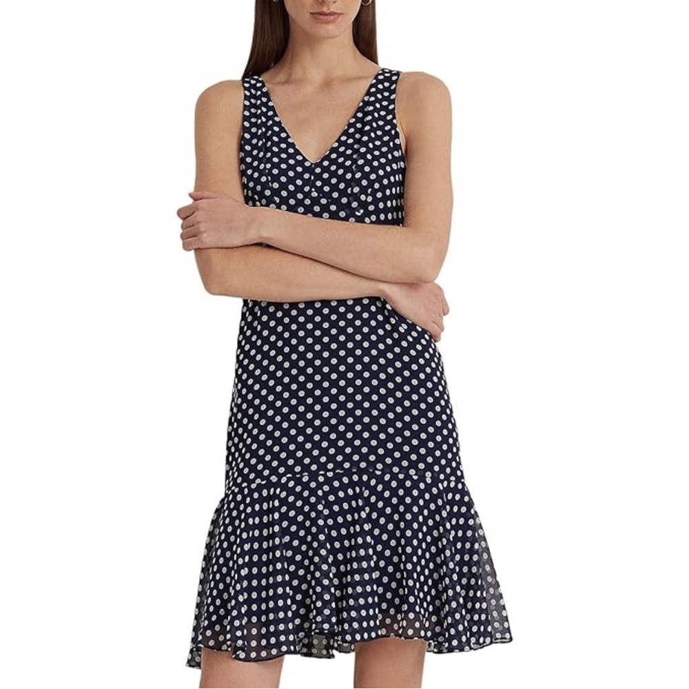 Ralph Lauren Polka Dot Chiffon Sleeveless Dress Navy White Size 8 NWT $125